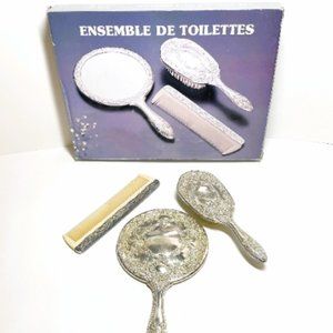 Vintage Victorian Silver-Plated Hand Mirror Brush Comb Vanity Set